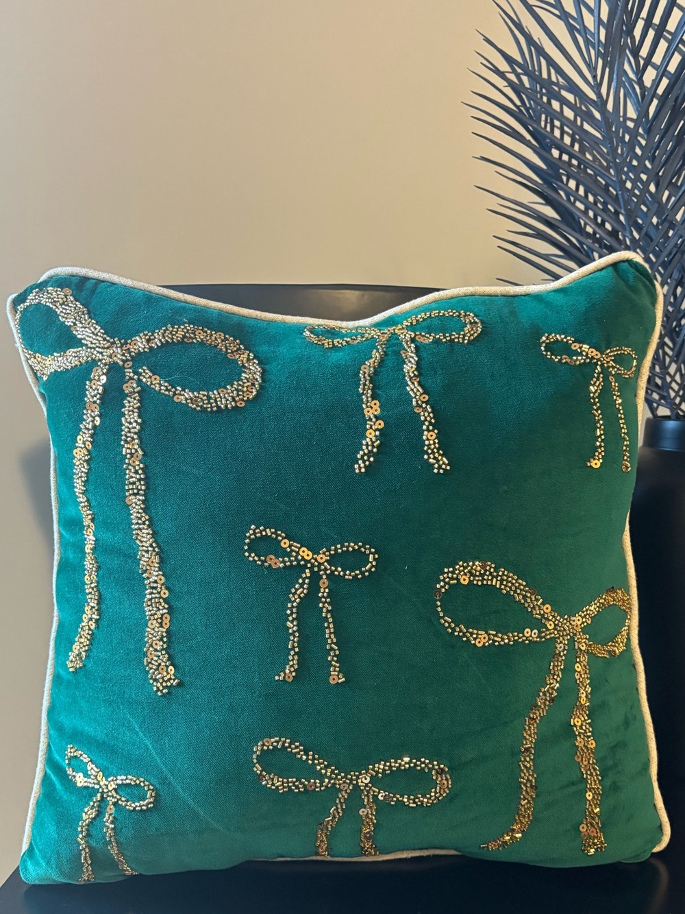 KIRKLANDS Green Pillow with Gold Sequin Bows